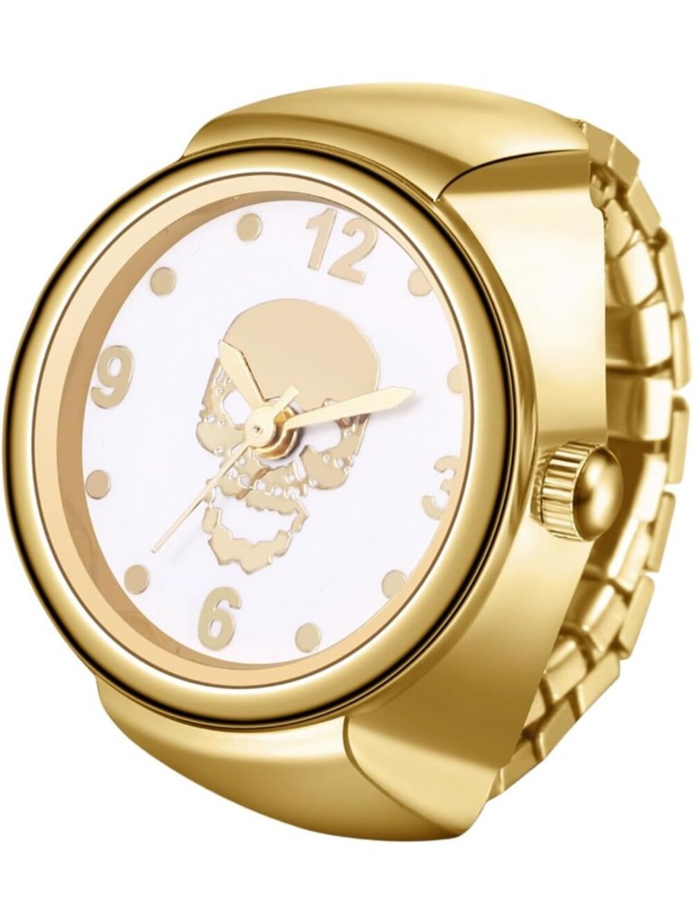 Unisex Gold Analog Quartz Rhinestone Vintage Elastic Skull Finger Ring Watch